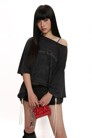 [Moromoro2] Washed Bow Graffiti Rhinestone Oversized  Tee