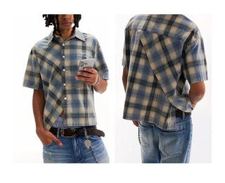 CONP Asymmetric bias-cut plaid shirt (blue)