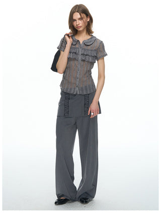 [NECY] Purple Grey Ruffle Plaid Shirt