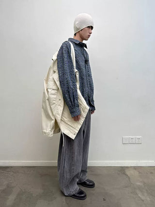 [NEVERSEEZ] Seersucker Check Ruffle Drawstring Shirt