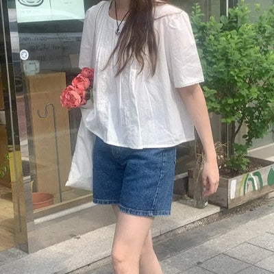 Pleated short-sleeved blouse