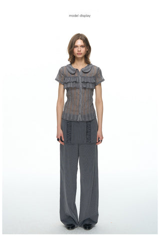[NECY] Pin Stripe Ruffle Lace Skirt Pants