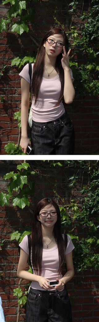 Model-praised pink heart Raw denim back point wide denim