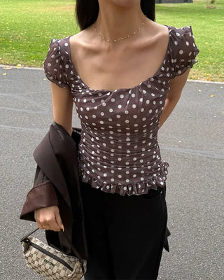Polka Dot Gathered Slim Short-Sleeve Blouse