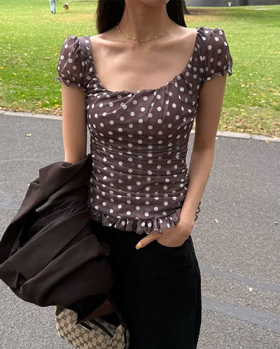 Polka Dot Gathered Slim Short-Sleeve Blouse