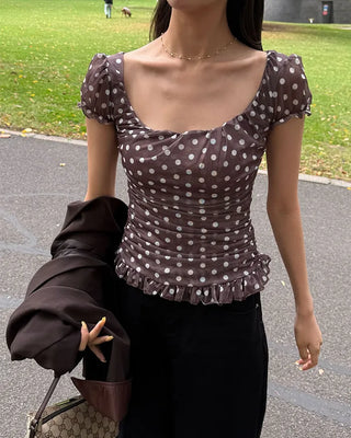 Polka Dot Gathered Slim Short-Sleeve Blouse