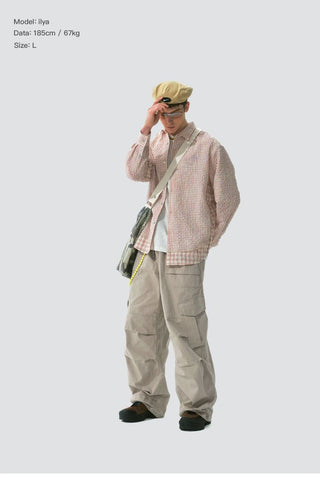 [Monterest] Grid Cotton Drawstring Paratrooper Pants