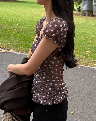 Polka Dot Gathered Slim Short-Sleeve Blouse