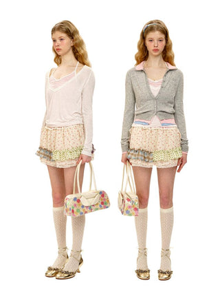 [Moromoro2] Patchwork Ruffle Floral Mini  Skirt