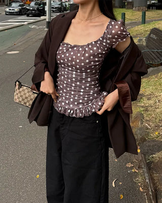 Polka Dot Gathered Slim Short-Sleeve Blouse