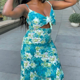 Hollow out v neck slit print cami cut out midi dress