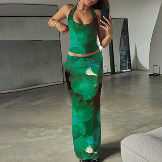 Halter self tie u neck flower print maxi skirt set