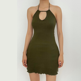 Ruffle halter textured hollow out self tie solid cut out mini dress