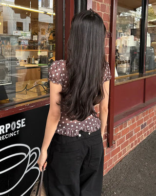 Polka Dot Gathered Slim Short-Sleeve Blouse