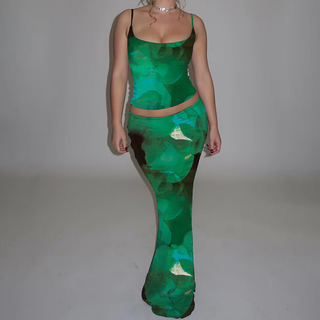 U neck flower print backless cami maxi skirt set