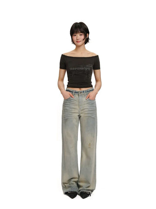 [Moromoro2] Washed Pleated Wide Leg Jeans