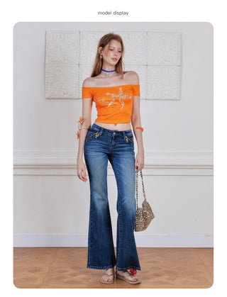 [NECY] Cross Zip Pocket Washed Slim Flare Jeans