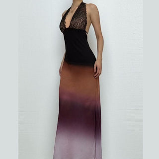 Halter self tie deep V neck gradient lace maxi dress