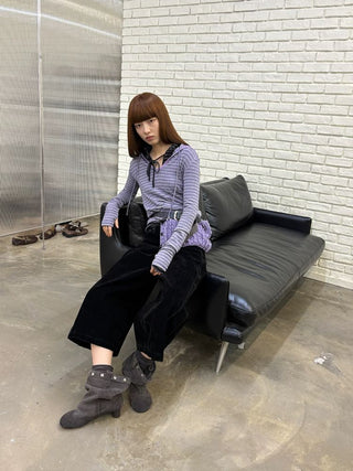 [NeverSeez] Striped Hooded Base Layer Knit Top