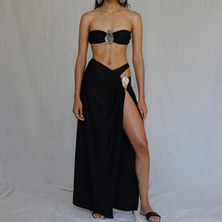 Ruched slit backless 2 piece tube maxi skirt set