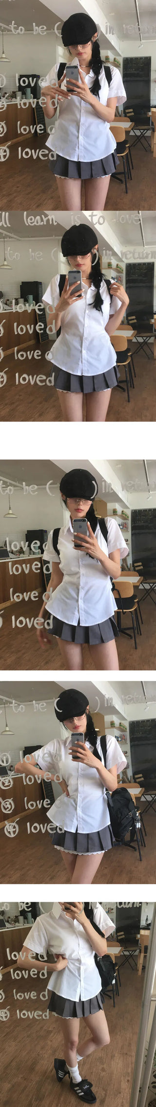 Snap Button Two-Way Short Sleeve Shirt with a Convex Line - 3 Colors