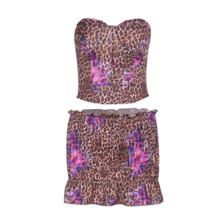 Leopard print ruched sweetheart neck tube mini skirt set