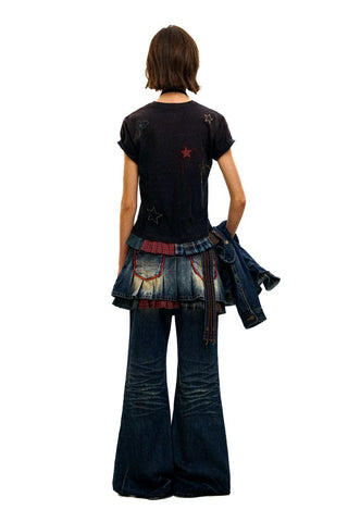 [Moromoro2] Star Patchwork Pleated Check  T-Shirt