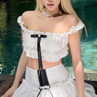 Ruffle bowknot off shoulder ruched top