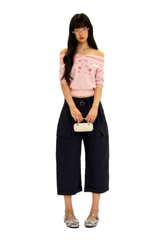 [Moromoro2] Off-Shoulder Star Rhinestone Knit  Top