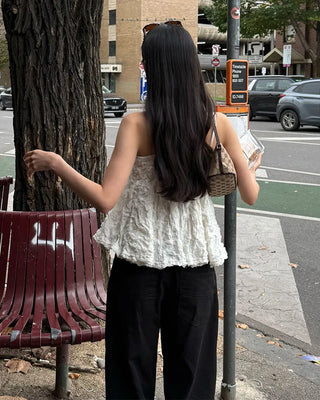Voluminous floral lace sleeveless blouse