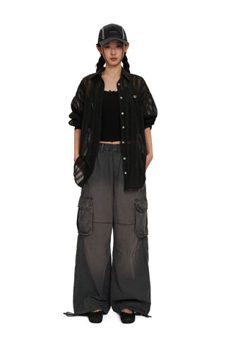 [Moromoro2] Gradient Washed Wide Leg Cargo  Pants