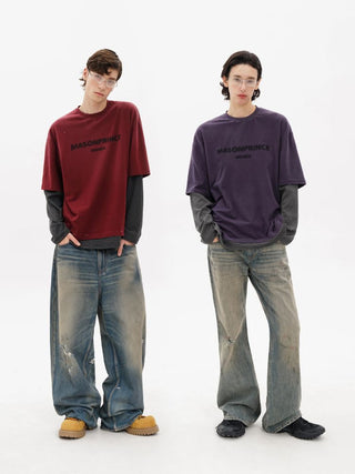 [MASONPRINCE] Distressed Striped Layered Long Sleeve Top