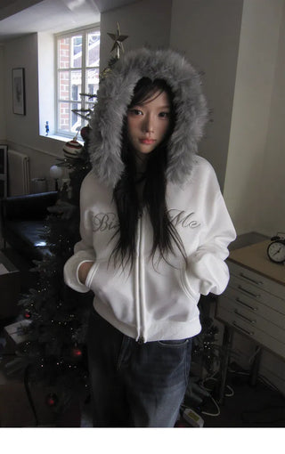 Hirit Two-Way Lettering Fur Hooded Zip-Up - 3 Colors