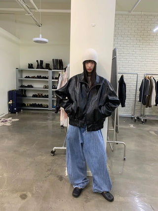 [NEVERSEEZ] Stand Collar Oversized PU Jacket