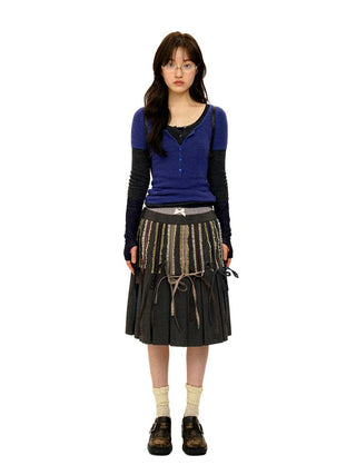 [Moromoro2] Lace Trim Plaid Patchwork Pleated  Skirt