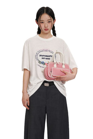 [Moromoro2] Bow Embroidery Flower Washed Cotton  Tee