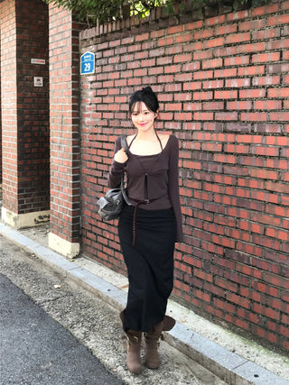 Slit elastic waist long skirt