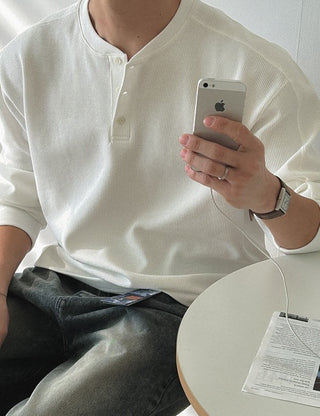 Combed Cotton Waffle Henley Neck Long Sleeve Tee (5 colors, M~XL)