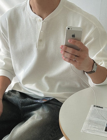 Combed Cotton Waffle Henley Neck Long Sleeve Tee (5 colors, M~XL)