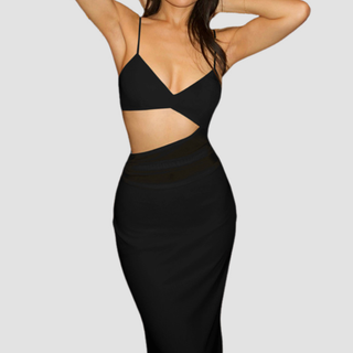 V neck solid hollow out mesh cami cut out maxi dress