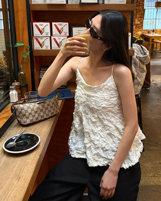 Voluminous floral lace sleeveless blouse
