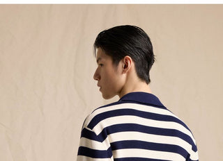 [CULTUM] Cotton Striped Open Collar Knit Sweater