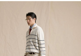 [CULTUM] Half-Zip Striped Cotton Knit Sweater