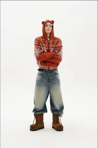 [MASONPRINCE] Funny Bear Fleece Lined Hooded Knit