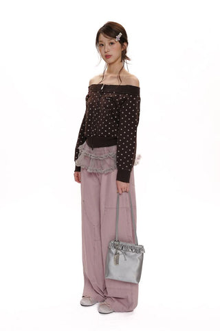 [Moromoro2] Distressed Star Print Off-Shoulder  Sweatshirt