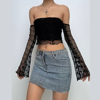 Off shoulder long sleeve mesh embroidery top