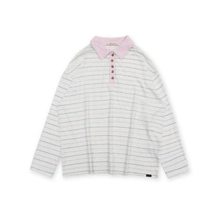[Moromoro2] Striped Polo Long Sleeve Tee with Star  Buttons