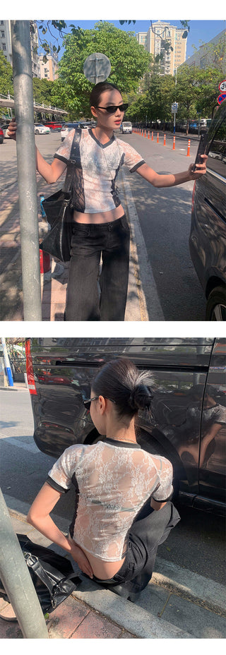 rhinestone V-collar Tops