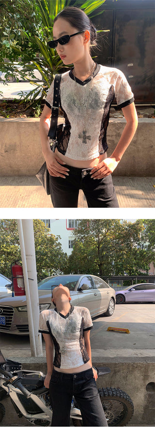 rhinestone V-collar Tops