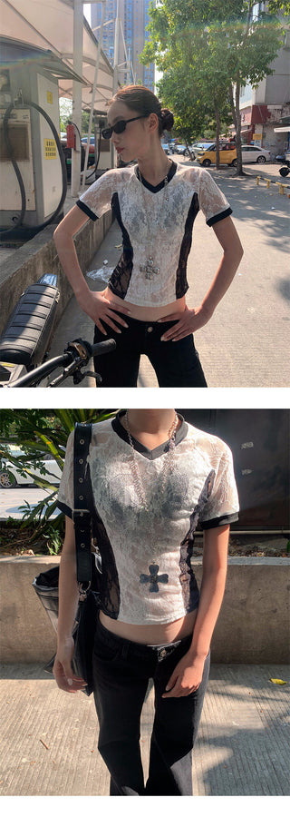 rhinestone V-collar Tops